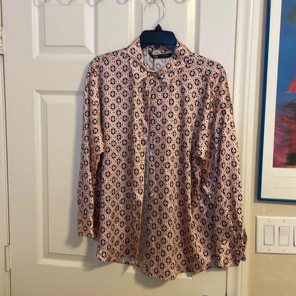 Zara pink printed button up shirt